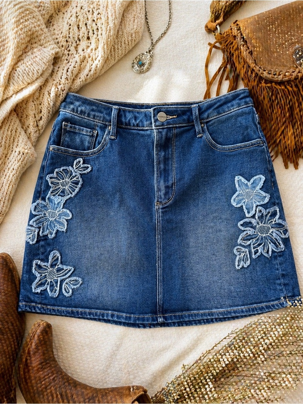 Driftwood Embroidered Denim Mini Skirt Floral Boho Size 32